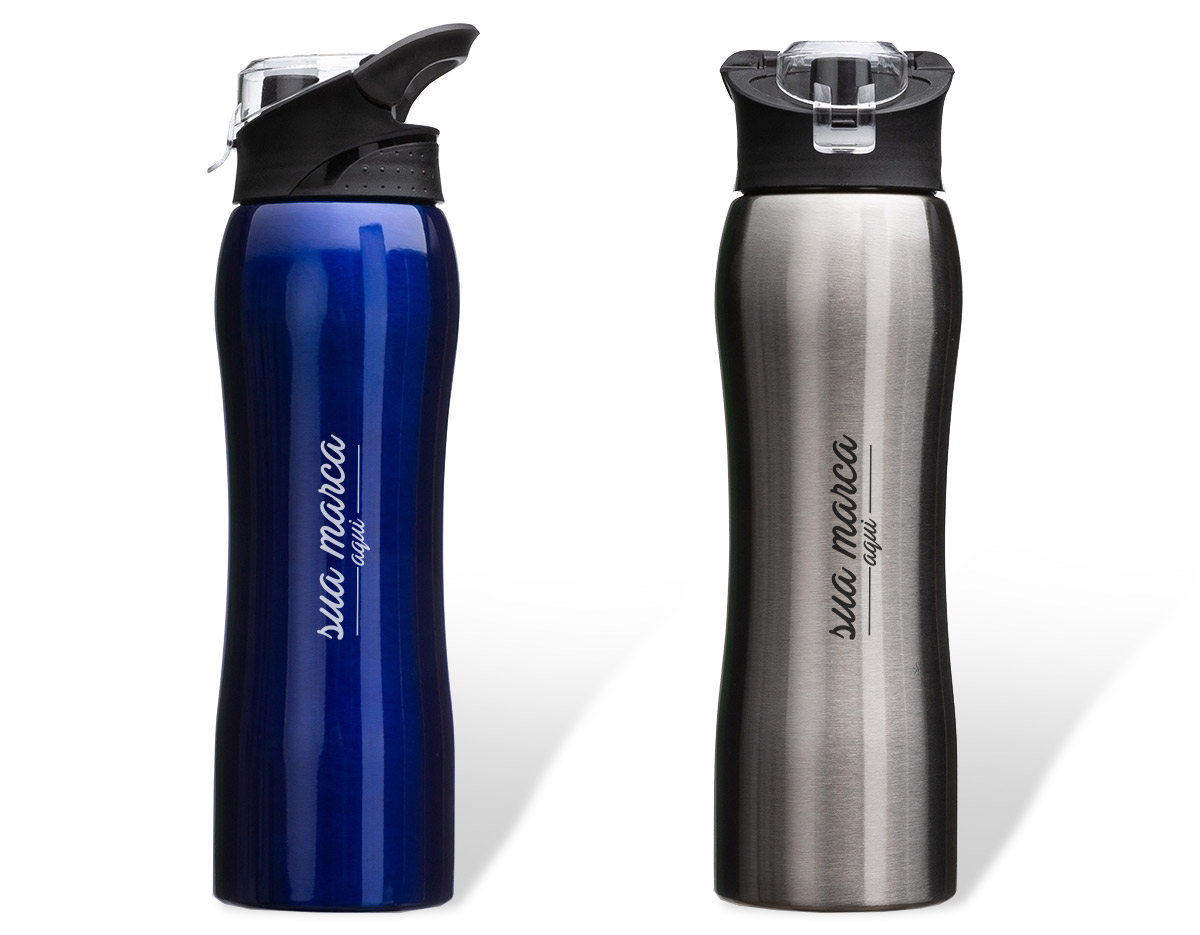 squeeze inox 750ml com alça flexível, possui tampa principal rosqueável e tampa de proteção plástica para o bocal.