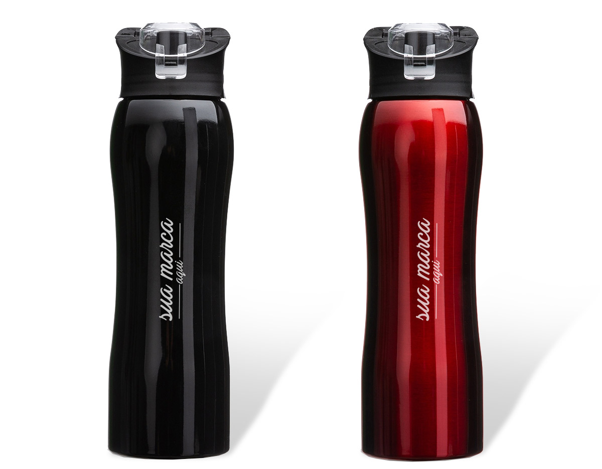 squeeze inox 750ml com alça flexível, possui tampa principal rosqueável e tampa de proteção plástica para o bocal.