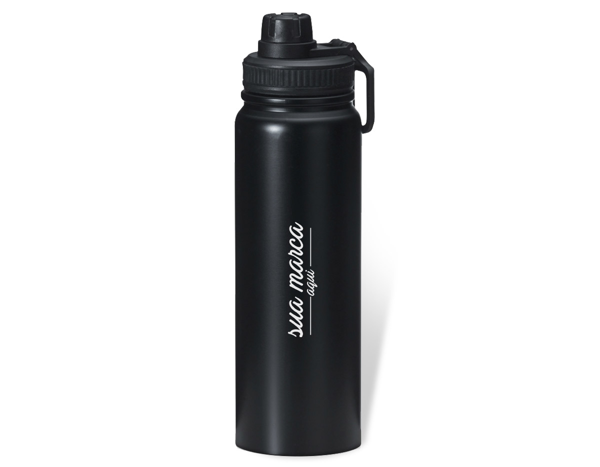 Squeeze metálico 1,1 litro com alça para transporte, possui tampa com detalhe emborrachado e tampa protetora para o bocal.