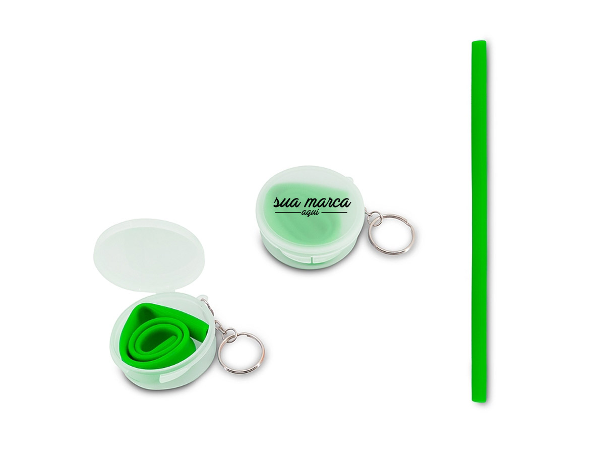 Canudo flexível de silicone em estojo plástico fosco com chaveiro.