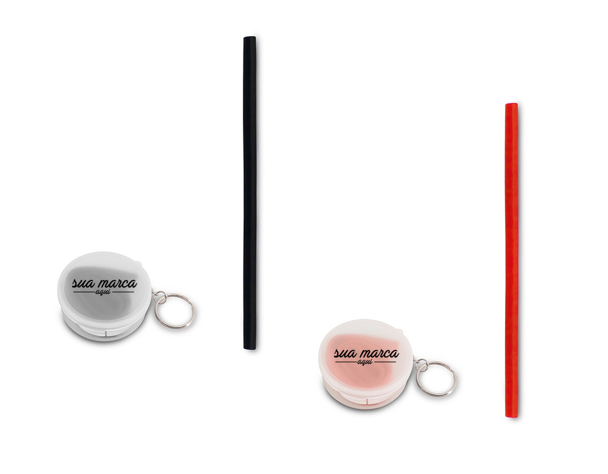 Canudo flexível de silicone em estojo plástico fosco com chaveiro.