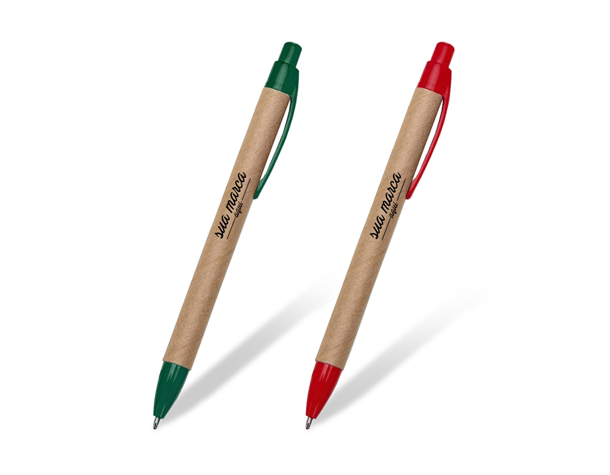 Caneta ecológica de papelão com detalhes coloridos, o clip pode facilmente ser retirado para personalização no corpo da caneta. Clip e ponteira plástica, aciona por clique.