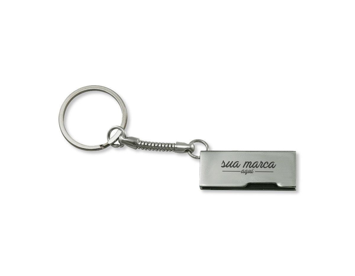 Pen drive giratório 4GB de plástico. Parte frontal com detalhe texturizado liso e verso prata espelhado, acompanha corrente metálica.