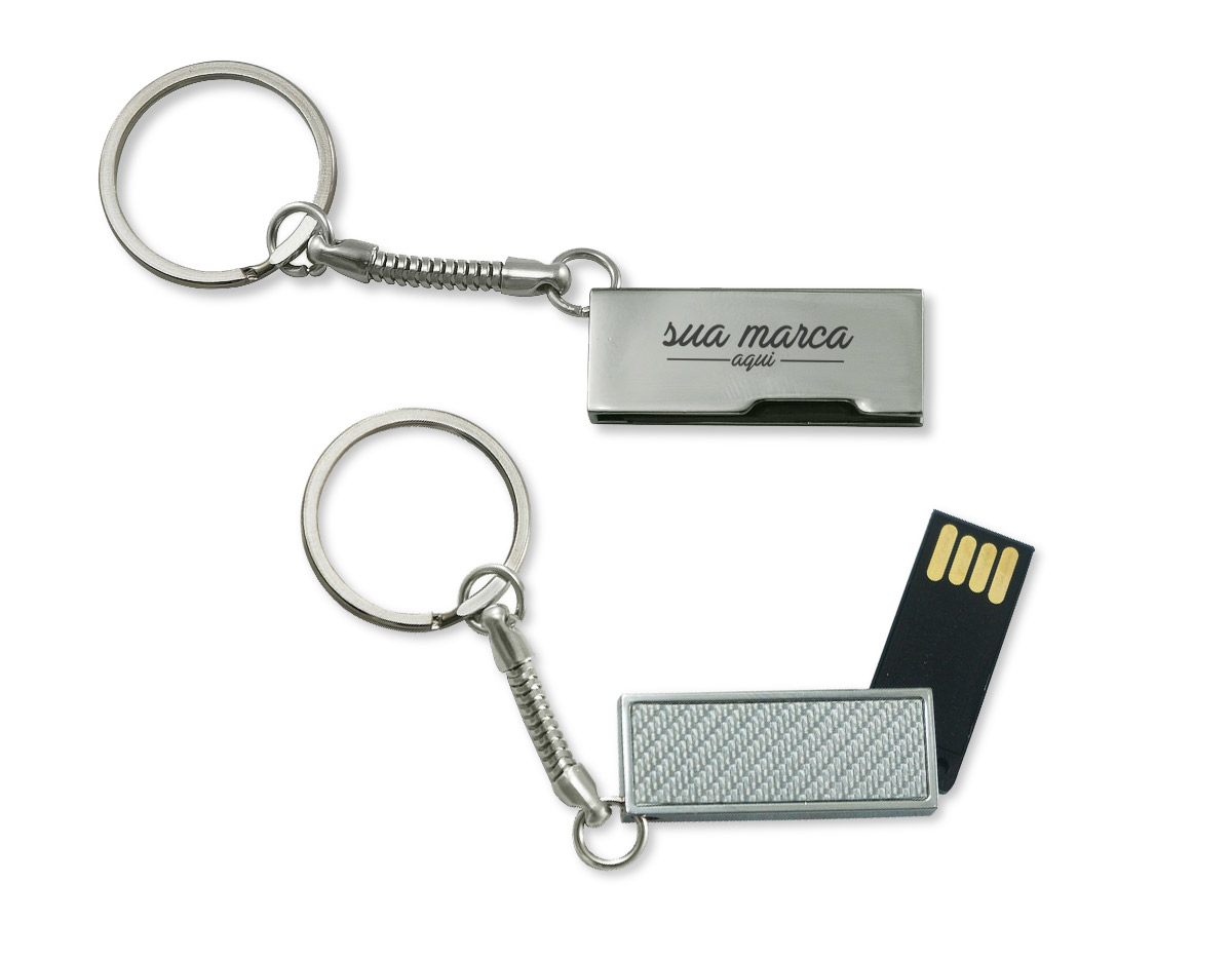 Pen drive giratório 4GB de plástico. Parte frontal com detalhe texturizado liso e verso prata espelhado, acompanha corrente metálica.