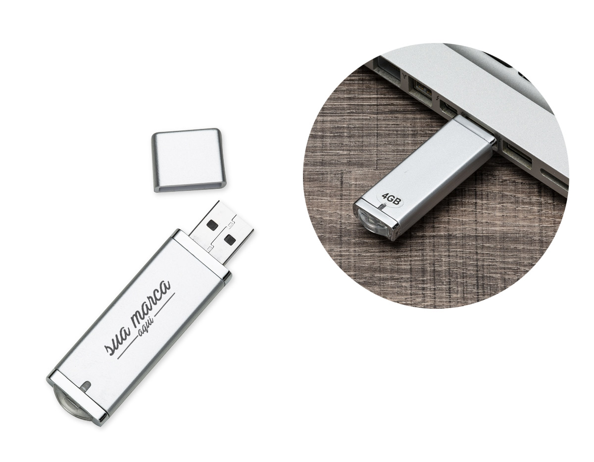 Pen drive Super Talent 4GB em plástico resistente, corpo cinza com detalhes prata. Possui tampa e ao conectar no USB uma luz irá acender na parte inferior.