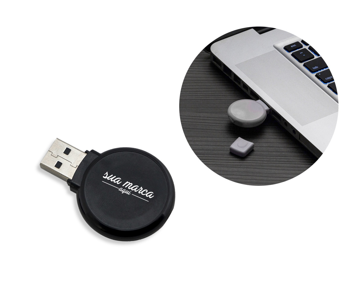  Pen drive redondo 4GB em plástico resistente, parte central lisa de ambos lados. Possui tampa e quando conectado uma luz vermelha acenderá.