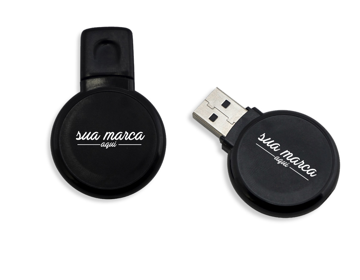  Pen drive redondo 8GB em plástico resistente, parte central lisa de ambos lados. Possui tampa e quando conectado uma luz vermelha acenderá.