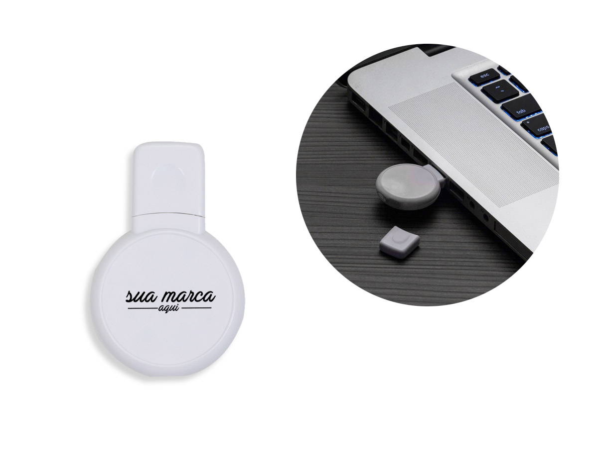  Pen drive redondo 8GB em plástico resistente, parte central lisa de ambos lados. Possui tampa e quando conectado uma luz vermelha acenderá.