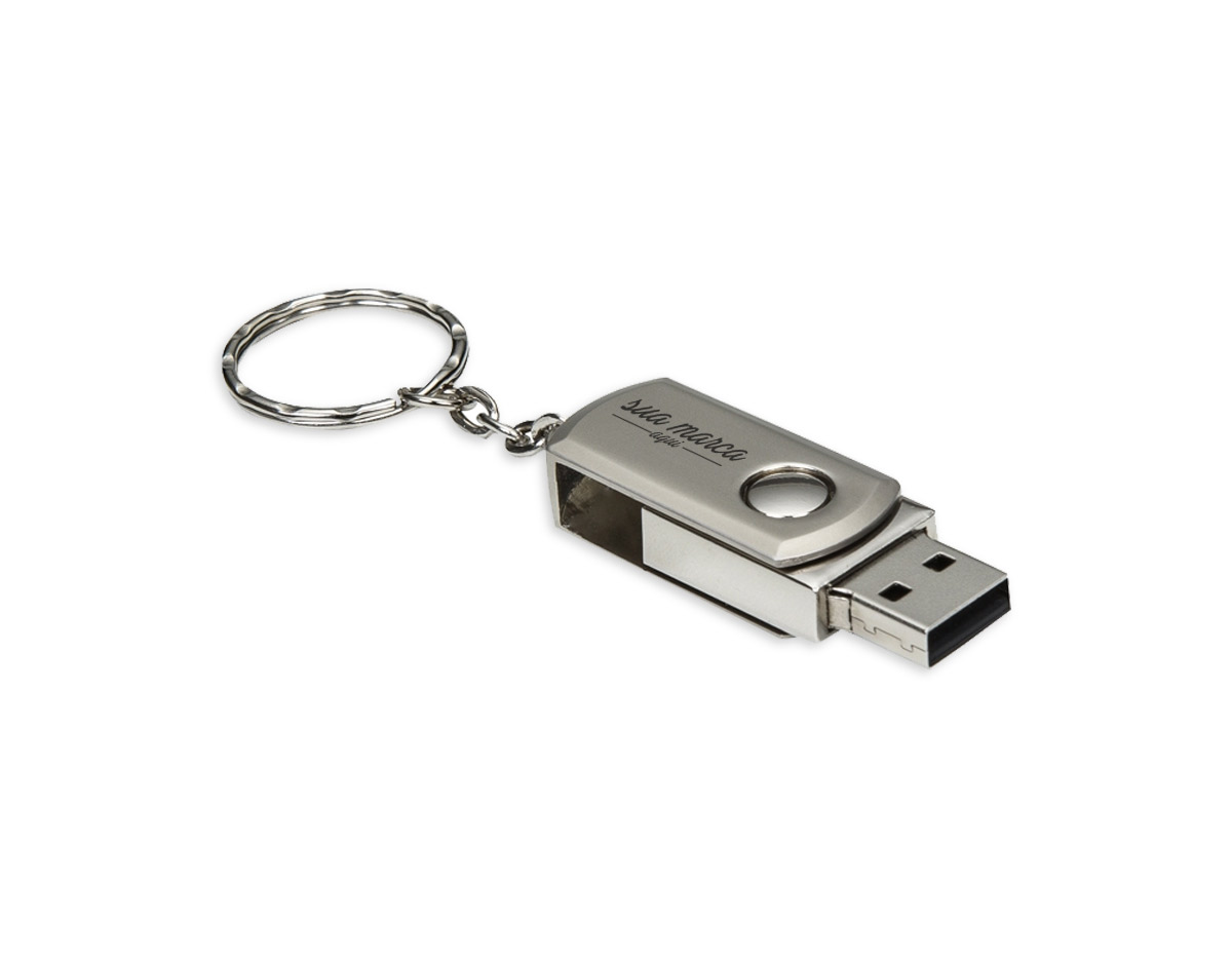 Mini pen drive giratório 4GB de metal, carcaça fosca e acompanha chaveiro.