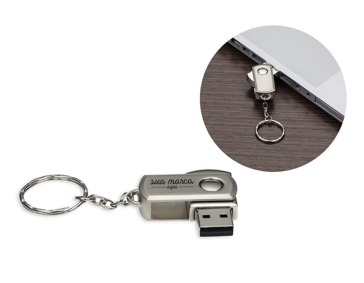 Mini pen drive giratório 4GB de metal, carcaça fosca e acompanha chaveiro.