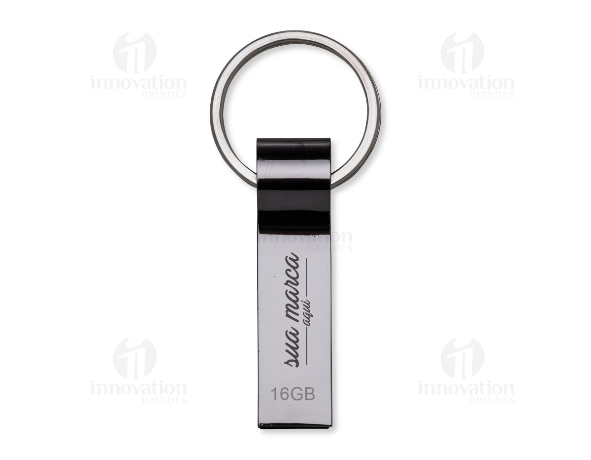 Pen drive metálico de 16GB com pintura grafite espelhado e chaveiro.
