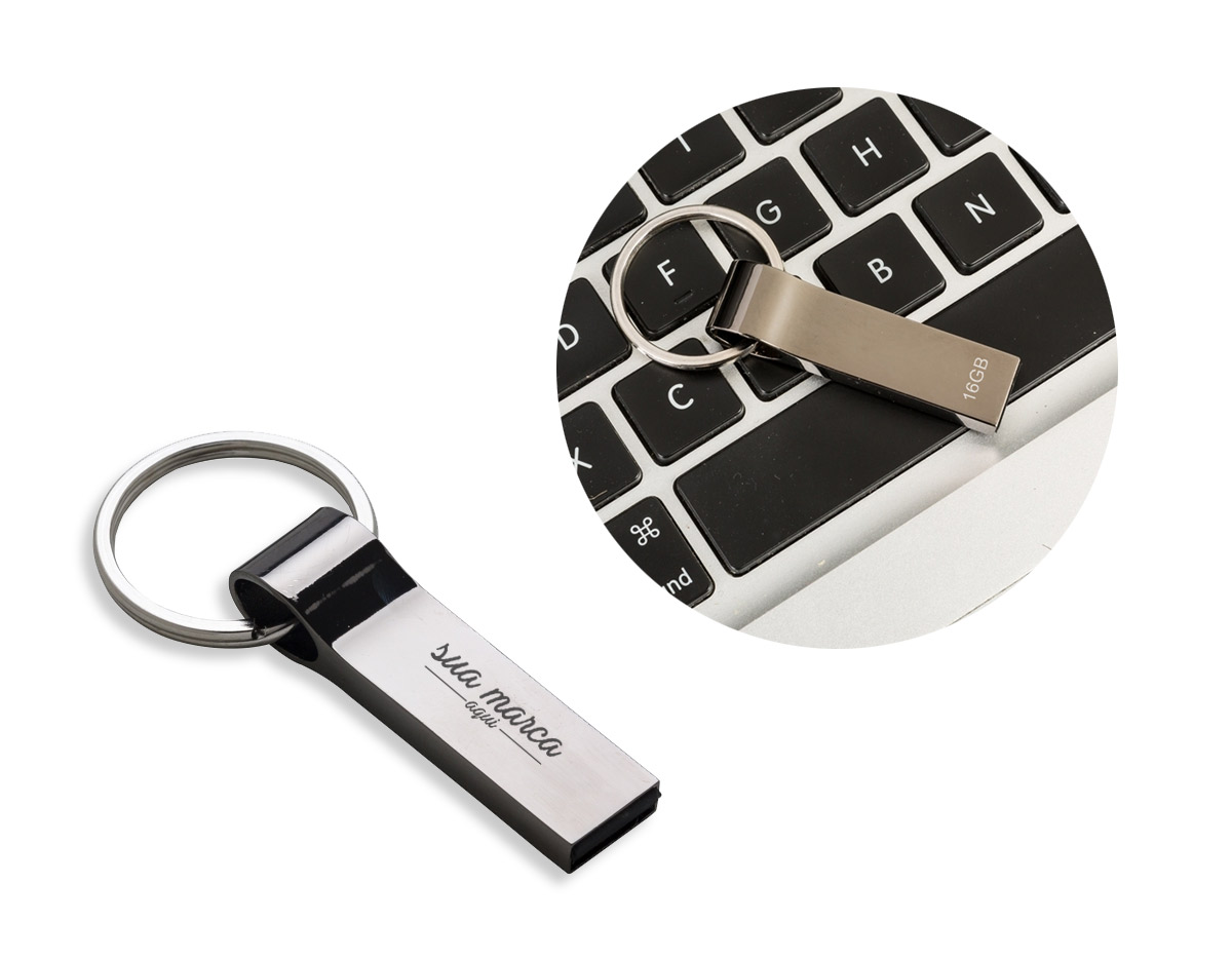 Pen drive metálico de 16GB com pintura grafite espelhado e chaveiro.