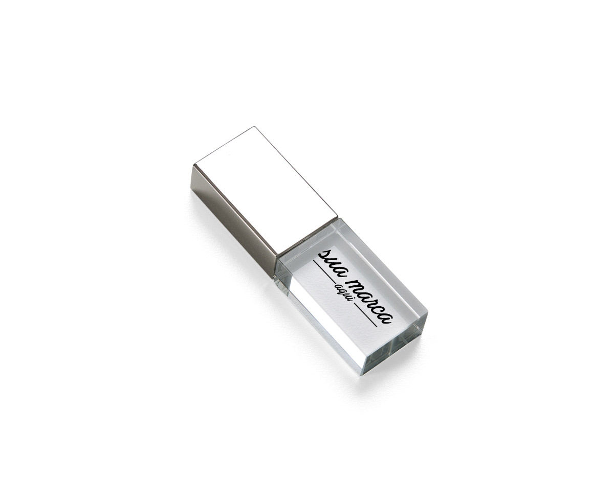 Pen drive 4GB de vidro com tampa plástica prata espelhada.