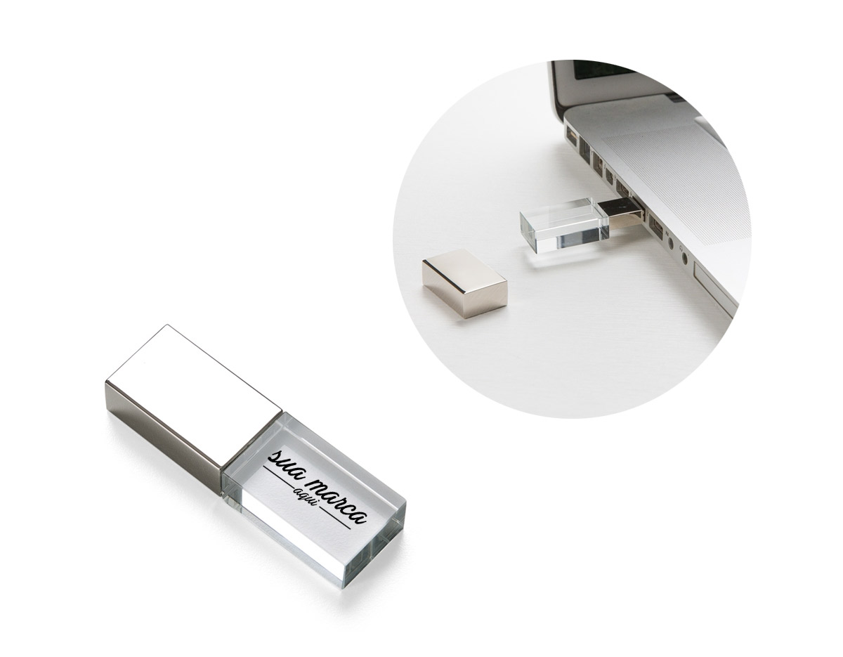 Pen drive 4GB de vidro com tampa plástica prata espelhada.