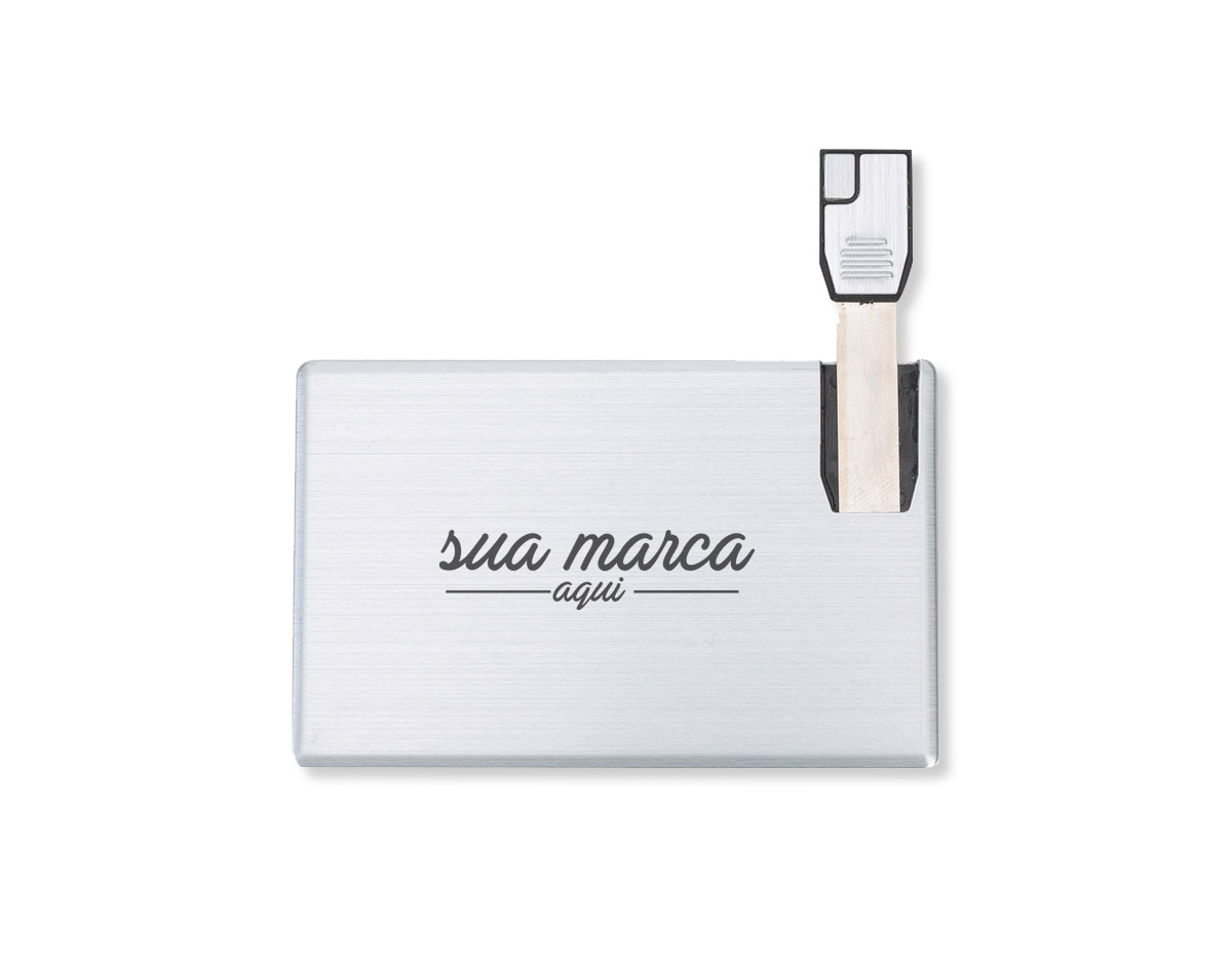 Pen card 4GB de alumínio. Cartão slim frente e verso liso, basta empurrar o slot para utilização.
