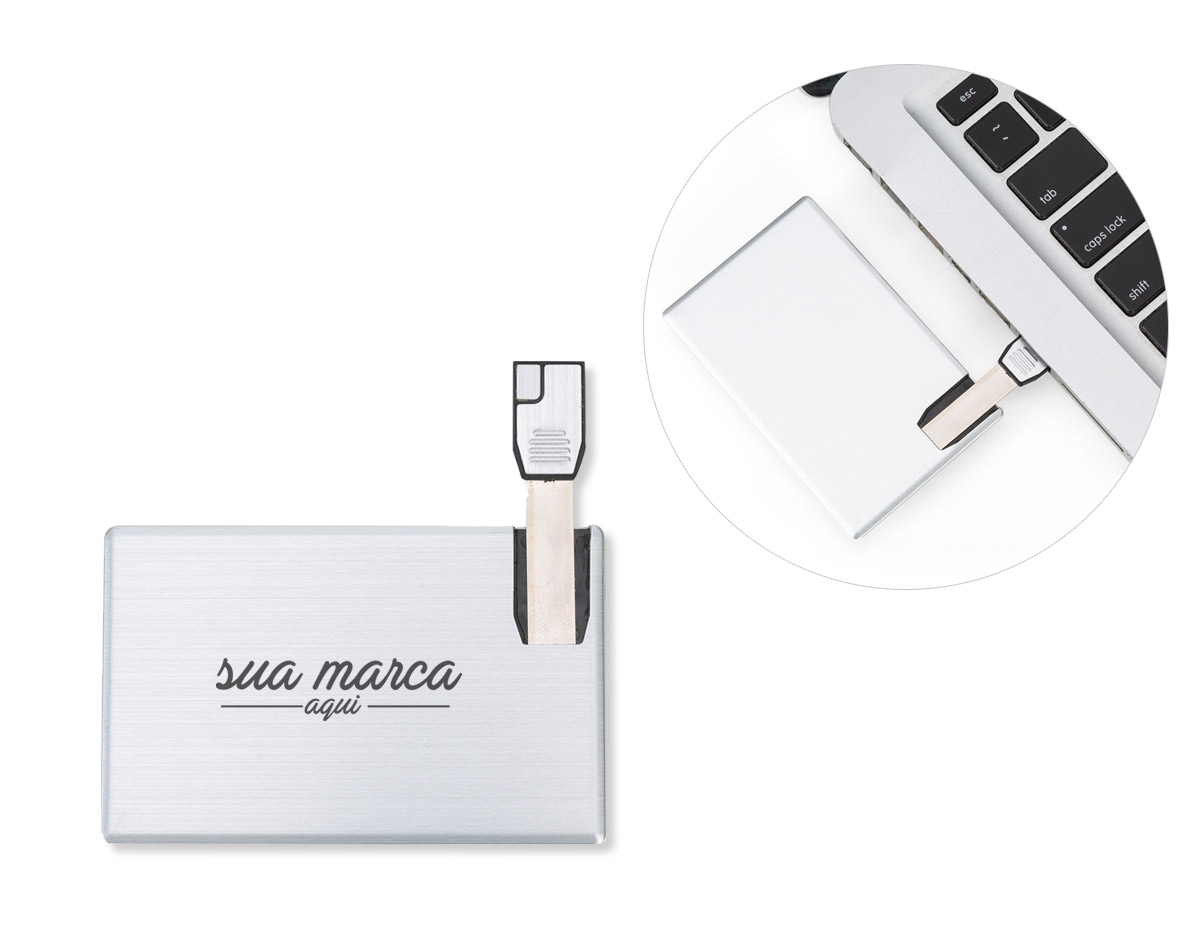 Pen card 4GB de alumínio. Cartão slim frente e verso liso, basta empurrar o slot para utilização.
