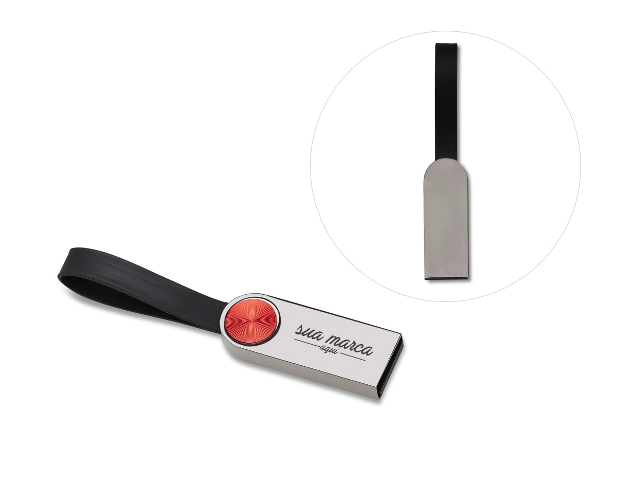 Pen drive metálico na cor grafite com detalhe circular vermelho na parte frontal e verso liso, possui alça emborrachada preta. Capacidades de 4GB 