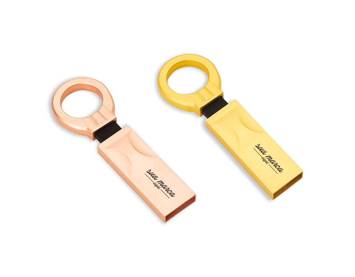 Pen drive de alumínio com acabamento fosco e argola para chaveiro, disponível nas capacidades de 16GB