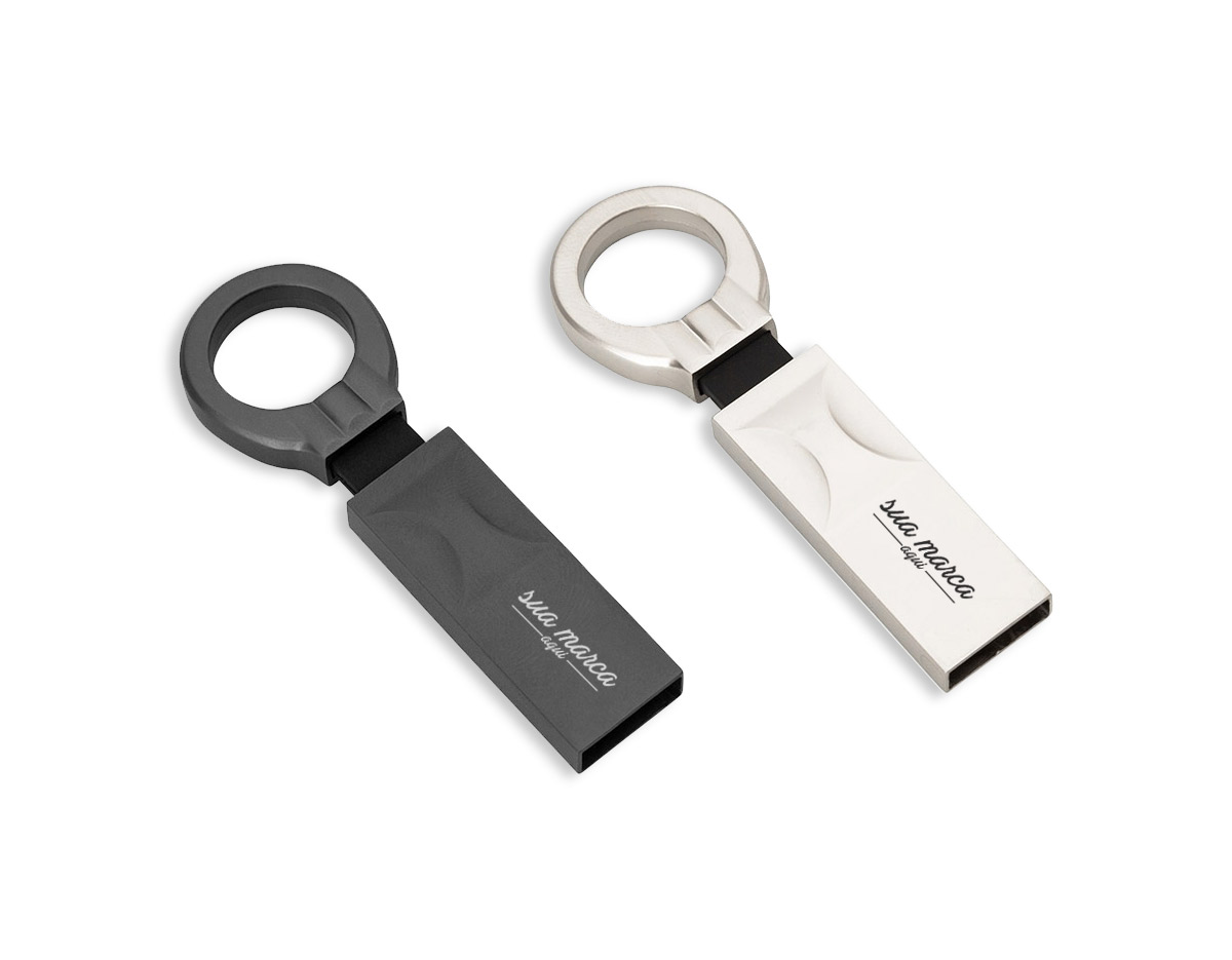Pen drive de alumínio com acabamento fosco e argola para chaveiro, disponível nas capacidades de 16GB