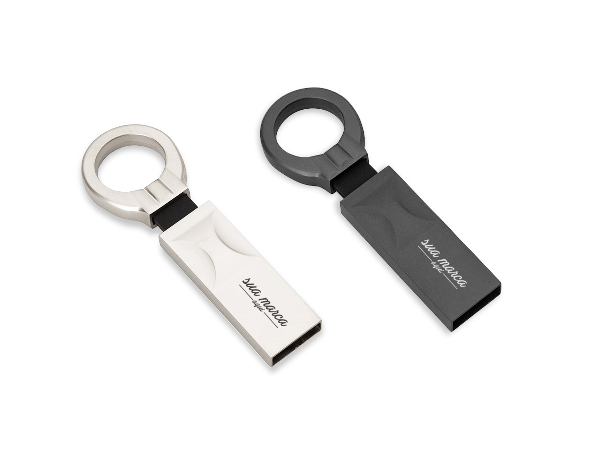 Pen drive de alumínio com acabamento fosco e argola para chaveiro, disponível nas capacidades de 32GB