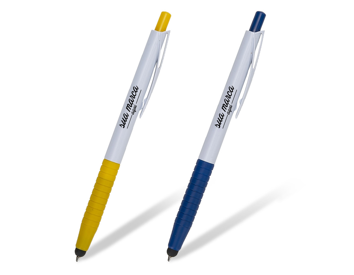 Caneta plástica touch de corpo branco com detalhes coloridos. Borracha touch inferior, clip plástico com detalhe vazado nas laterais, acionador e parte inferior colorida com oito anéis em relevo. Aciona por clique.