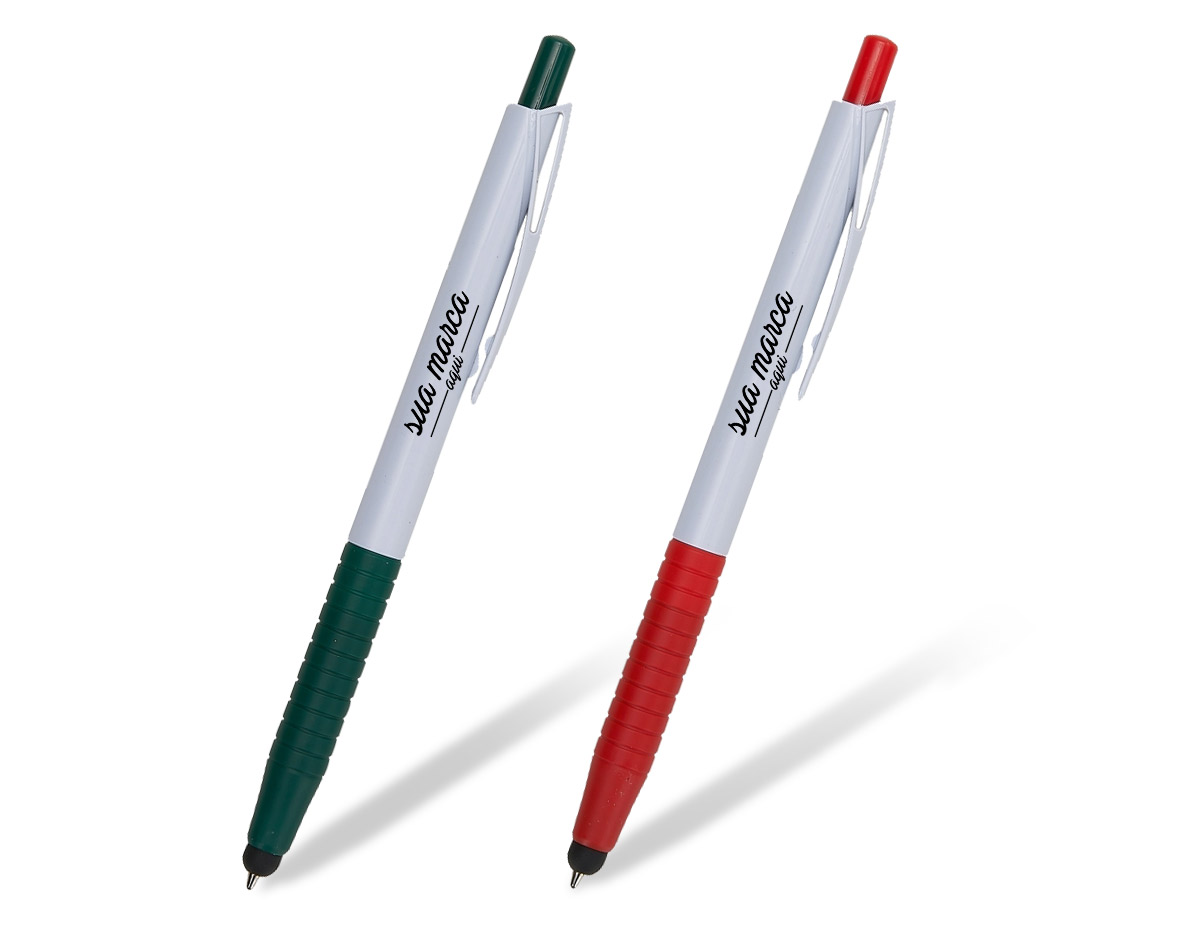 Caneta plástica touch de corpo branco com detalhes coloridos. Borracha touch inferior, clip plástico com detalhe vazado nas laterais, acionador e parte inferior colorida com oito anéis em relevo. Aciona por clique.