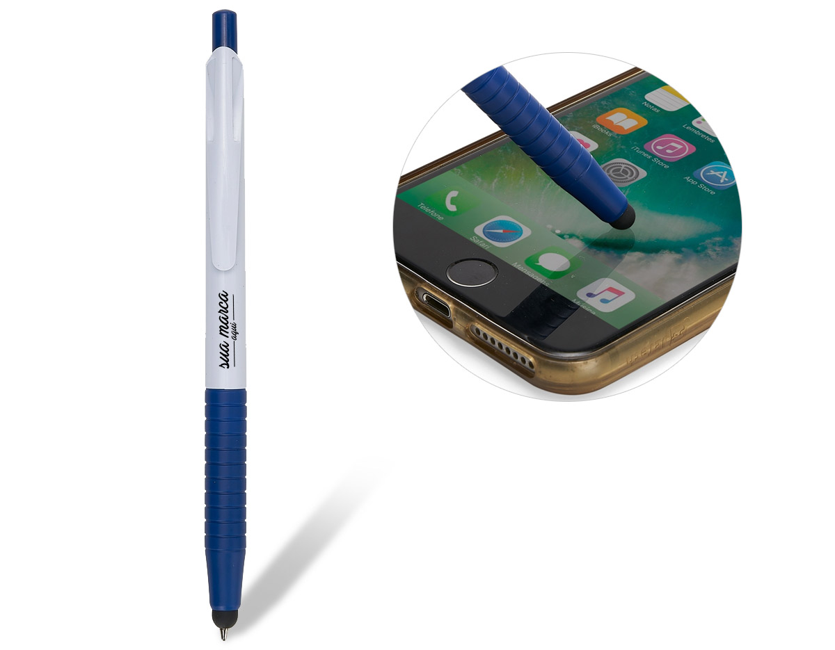 Caneta plástica touch de corpo branco com detalhes coloridos. Borracha touch inferior, clip plástico com detalhe vazado nas laterais, acionador e parte inferior colorida com oito anéis em relevo. Aciona por clique.