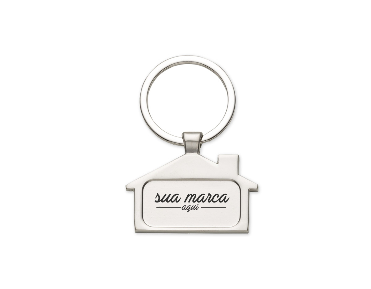 Chaveiro metal fosco formato casa. Parte frontal com desenho em relevo das janelas e portas, verso com um retângulo no centro ideal para personalização.