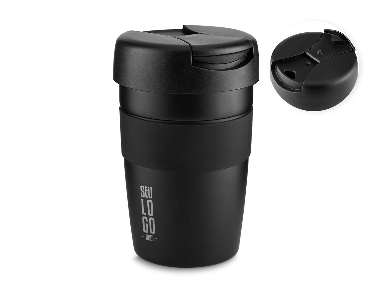 Caneca em aço inox parede dupla, conserva temperatura, pegador em silicone e bico com tampa. Capacidade 350ml.