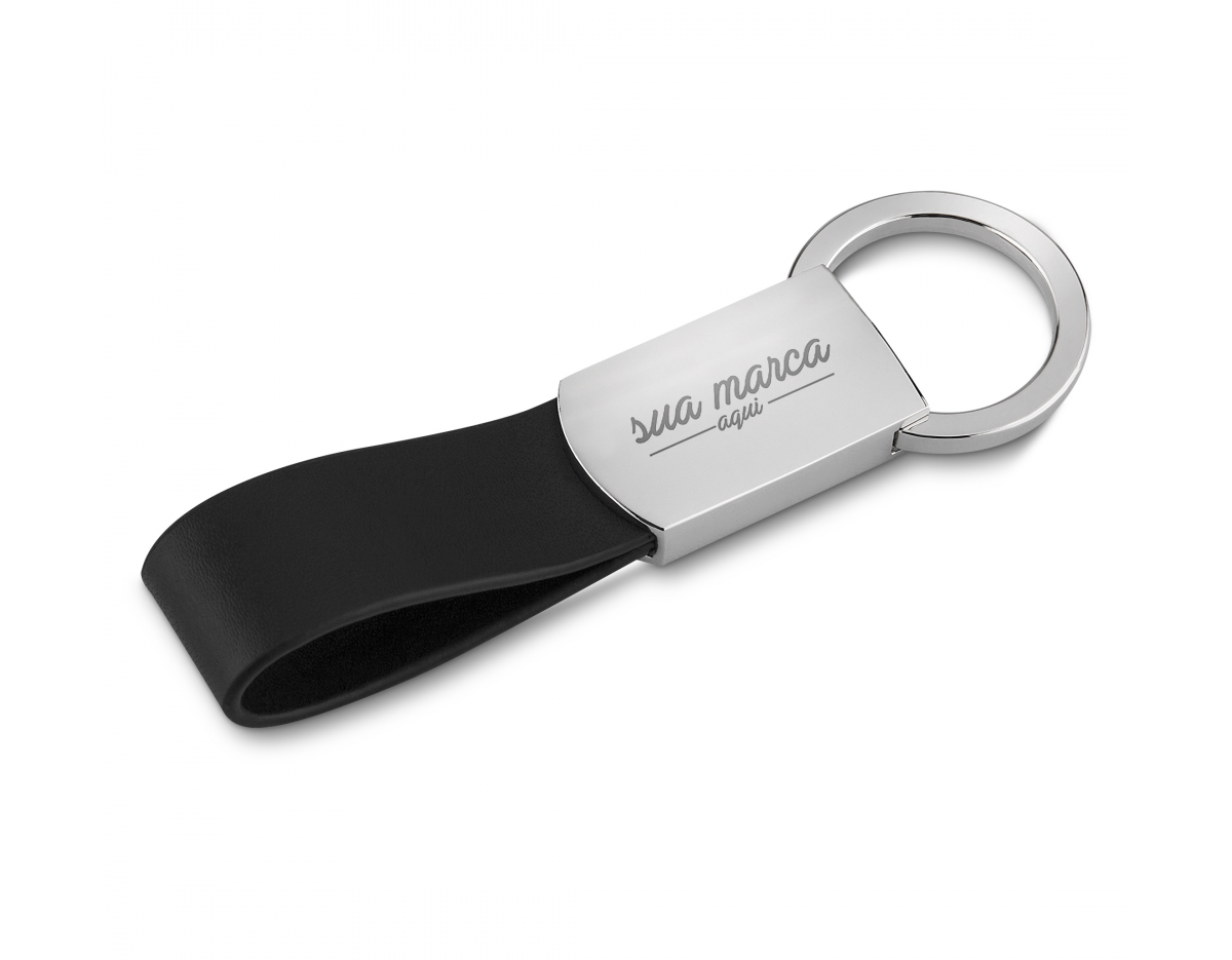 Chaveiro de metal fosco com alça em couro sintético preto + caixa com berço aveludado