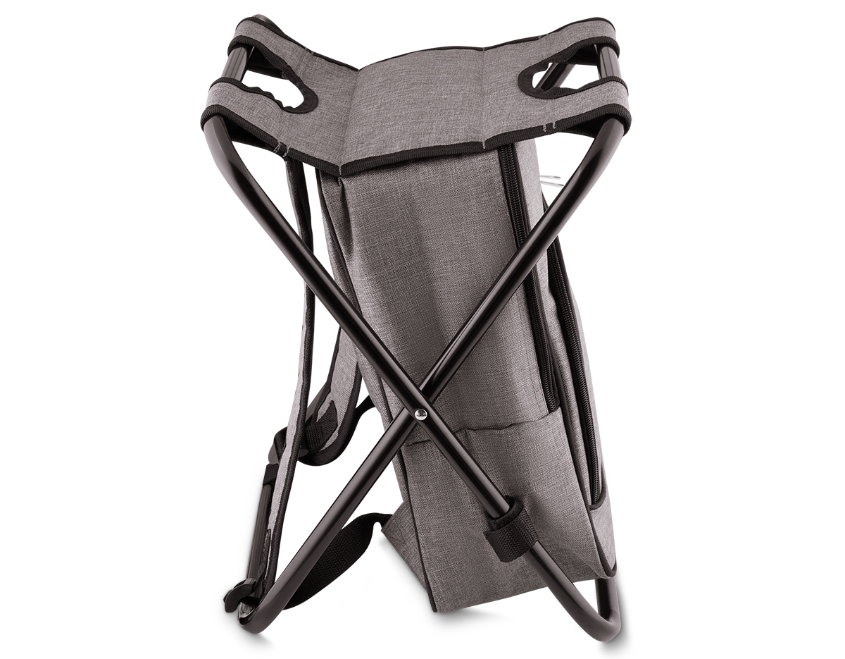 Bolsa térmica e cadeira, capacidade 10 litros, tecido polyester, com bolso frontal, cor cinza, alça de costas regulável, parte interna soldada, retém liquido.
