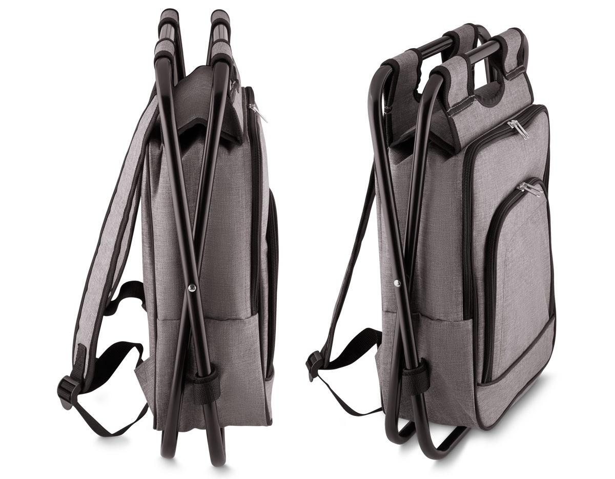 Bolsa térmica e cadeira, capacidade 10 litros, tecido polyester, com bolso frontal, cor cinza, alça de costas regulável, parte interna soldada, retém liquido.