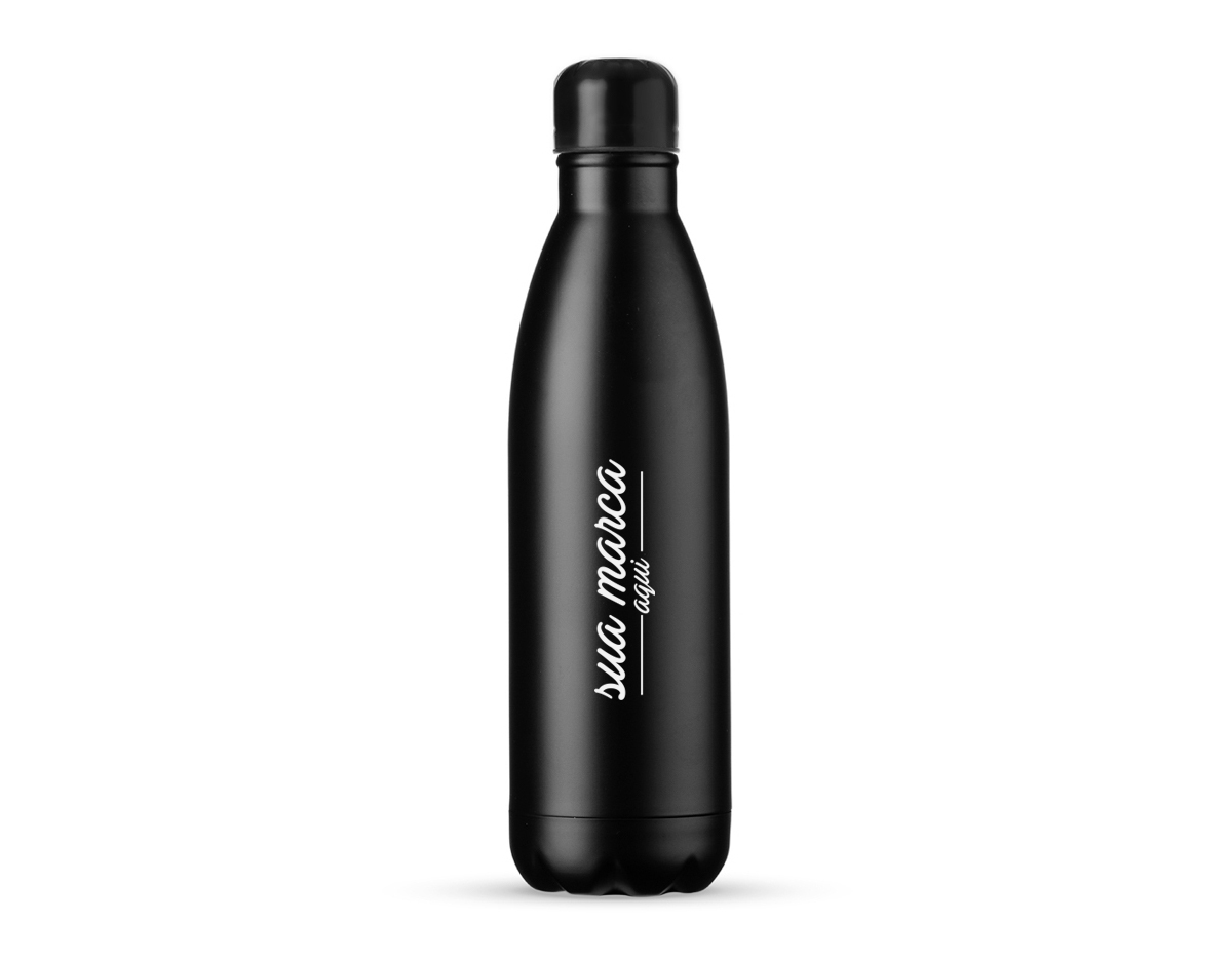 Garrafa térmica de inox com acabamento fosco, capacidade de 500ml. Contém tampa de vedação rosqueável com detalhe externo em relevo.