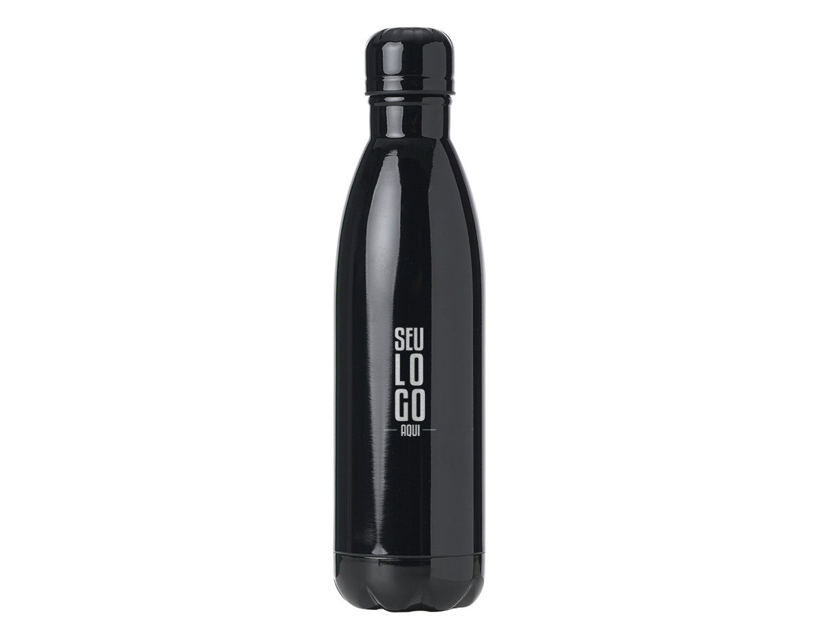Garrafa de inox com capacidade de 750ml, contém tampa rosqueável e pintura com acabamento brilhante.