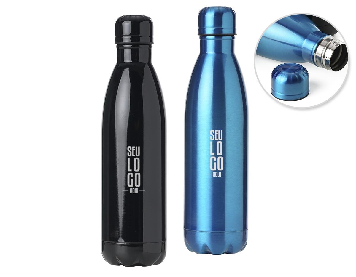 Garrafa de inox com capacidade de 750ml, contém tampa rosqueável e pintura com acabamento brilhante.
