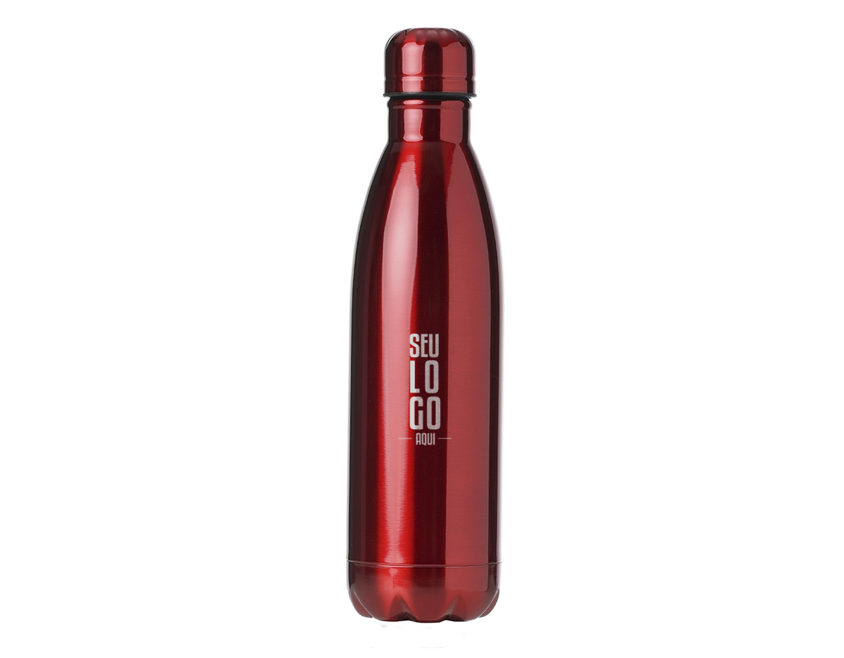 Garrafa de inox com capacidade de 750ml, contém tampa rosqueável e pintura com acabamento brilhante.