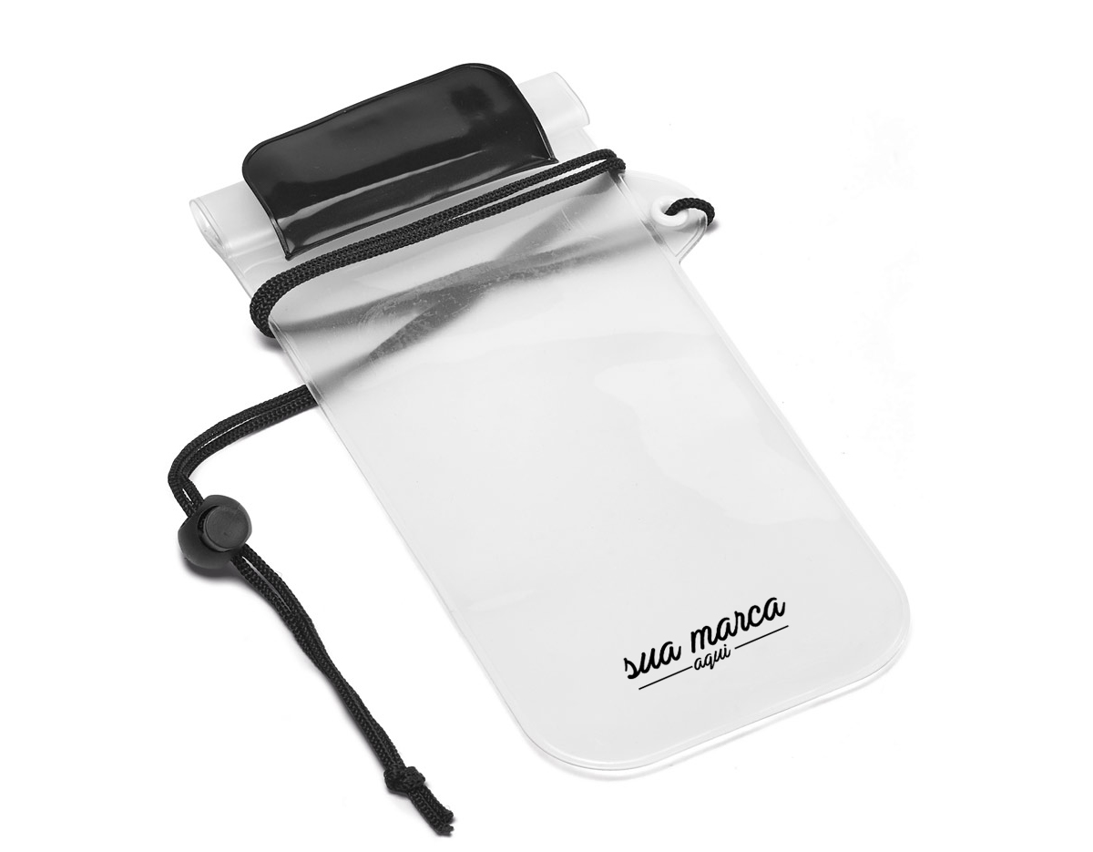 Bolsa para celular  PVC impermeável (não aconselhável imersão). fita ajustável. parte frontal transparente e traseira branco fosco. permite utilização touch fecho hermético com velcro.