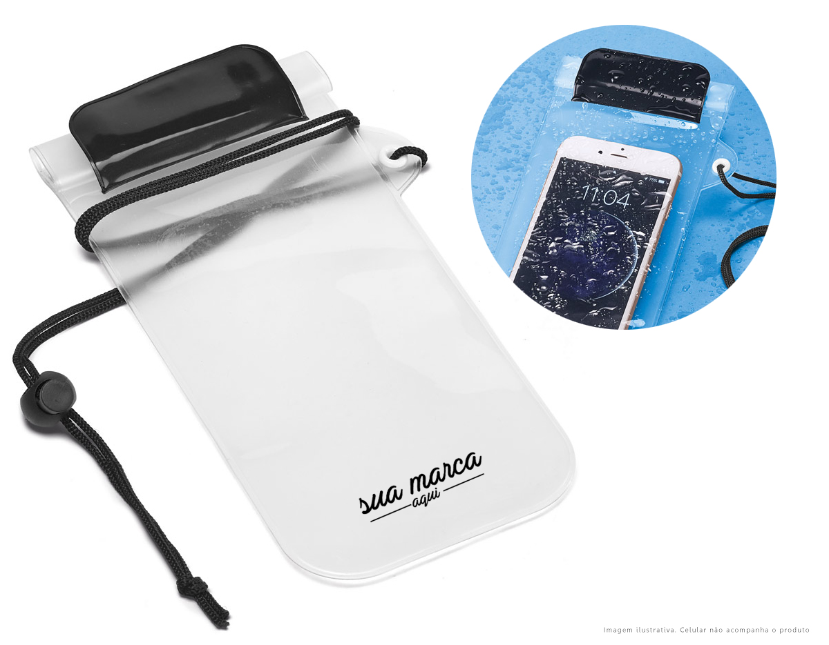 Bolsa para celular  PVC impermeável (não aconselhável imersão). fita ajustável. parte frontal transparente e traseira branco fosco. permite utilização touch fecho hermético com velcro.