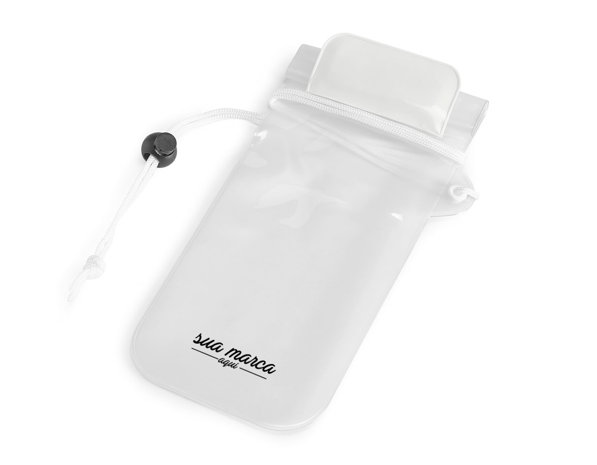 Bolsa para celular  PVC impermeável (não aconselhável imersão). fita ajustável. parte frontal transparente e traseira branco fosco. permite utilização touch fecho hermético com velcro.