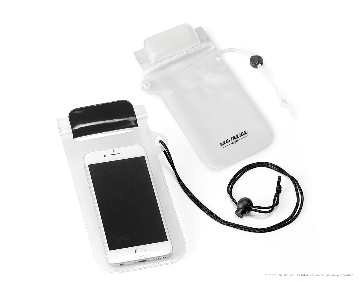 Bolsa para celular  PVC impermeável (não aconselhável imersão). fita ajustável. parte frontal transparente e traseira branco fosco. permite utilização touch fecho hermético com velcro.