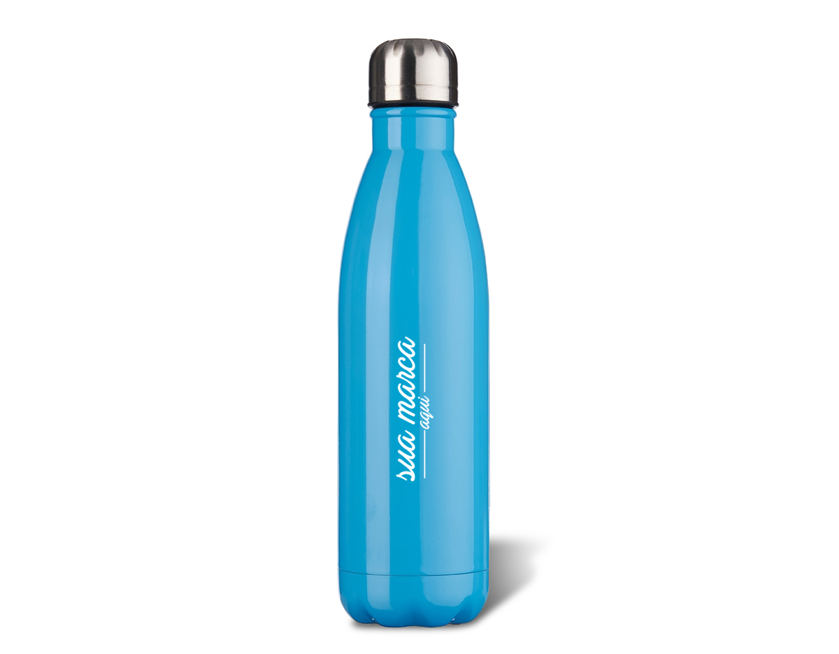 Garrafa 750ml em inox com tampa rosqueável e pintura brilhante. Obs.: Não é um modelo térmico.