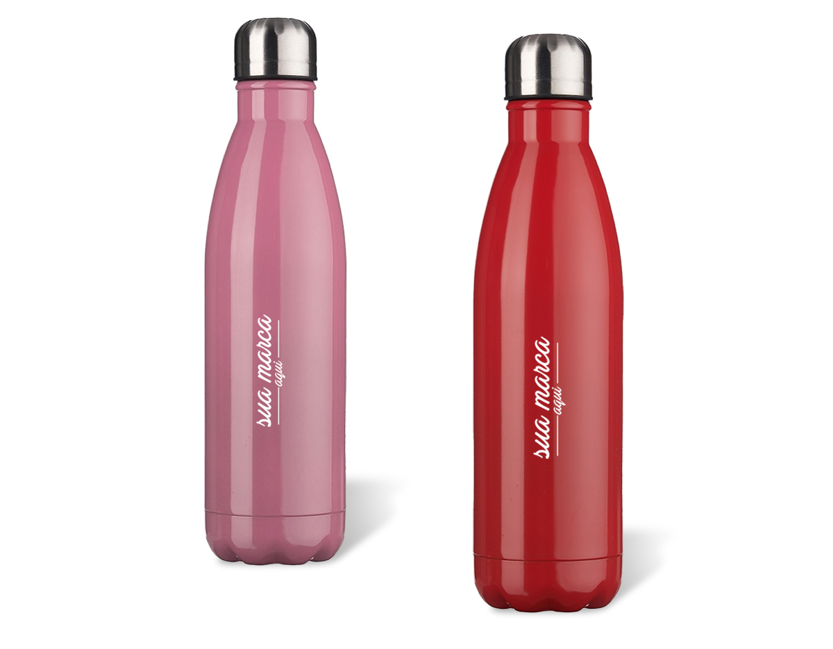 Garrafa 750ml em inox com tampa rosqueável e pintura brilhante. Obs.: Não é um modelo térmico.