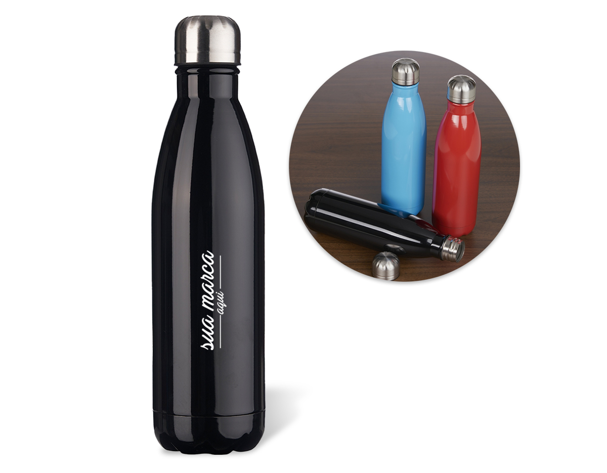 Garrafa 750ml em inox com tampa rosqueável e pintura brilhante. Obs.: Não é um modelo térmico.