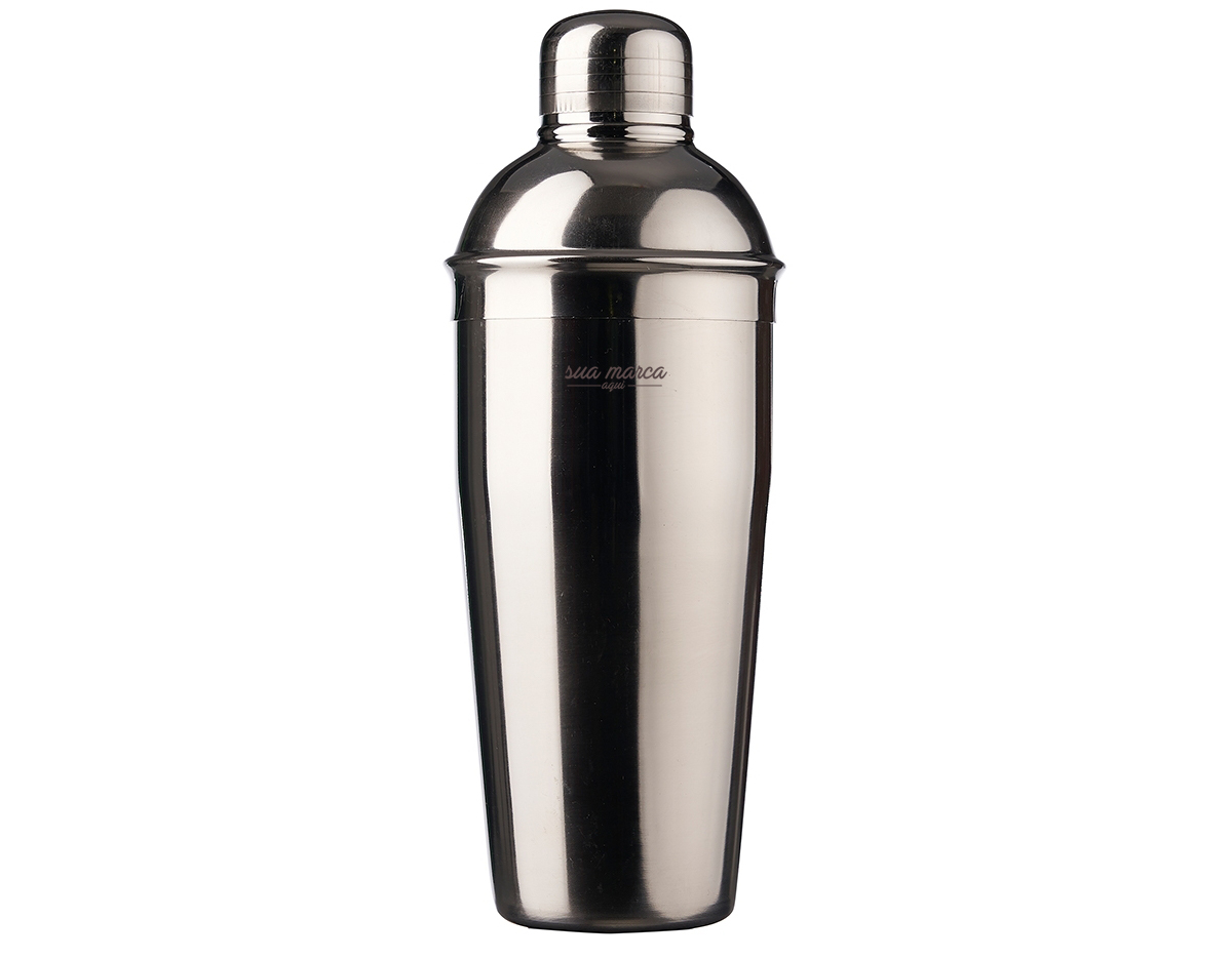Coqueteleira Inox com capacidade de 750ml, contém tampa de pressão com peneira e tampa protetora