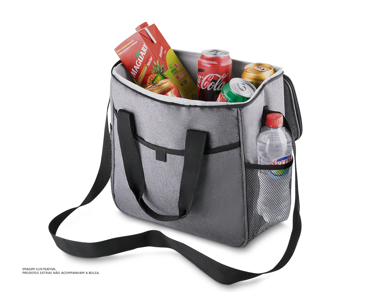 Bolsa térmica,capacidade 16 litros,tecido poliéster 300D, bolso frontal,alça de ombro regulável, parte interna soldada para retenção de líquidos,gravação da logomarca no bolso frontal ou tampa.