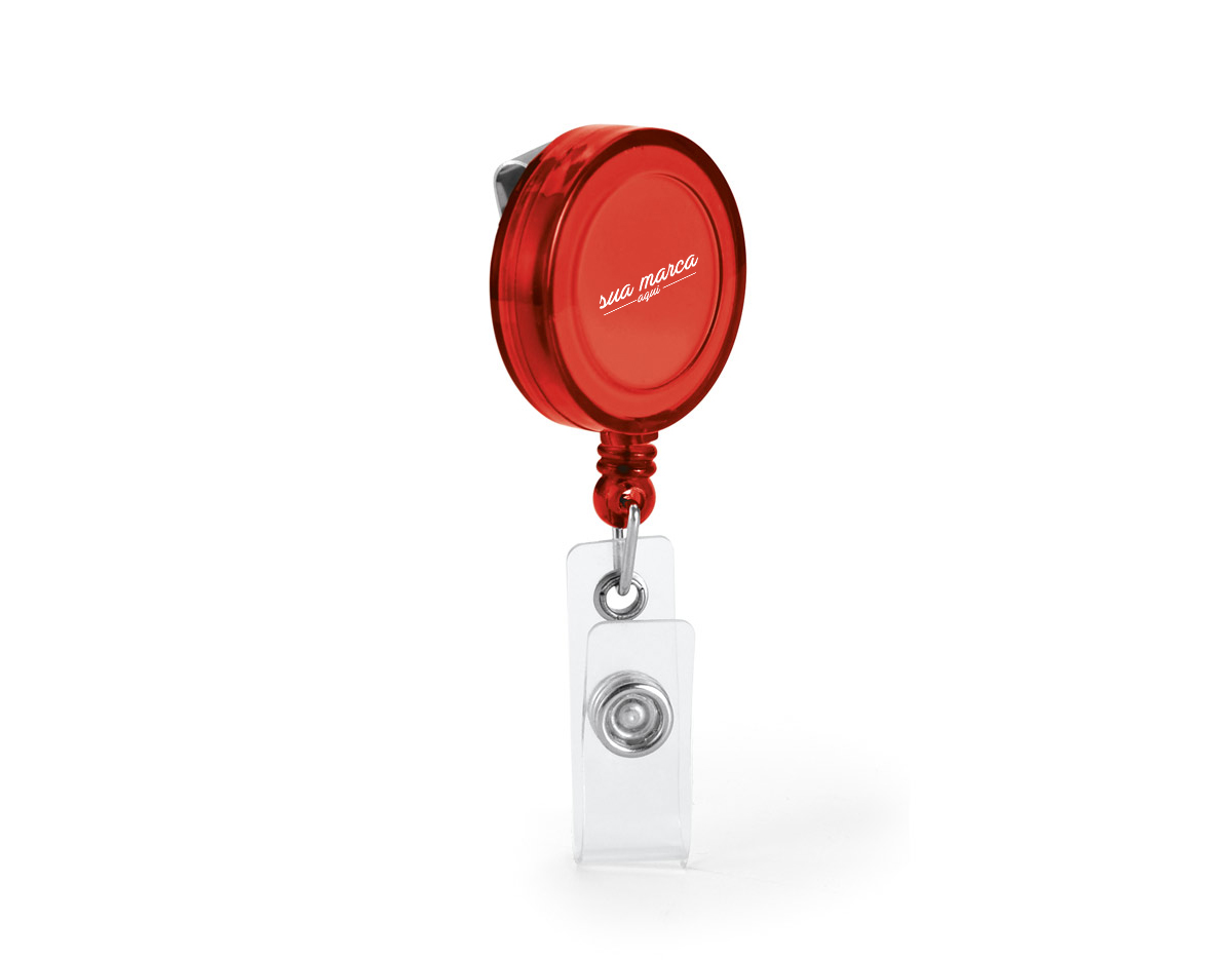 Porta crachá com clipe metálico com mecanismo extensível até aos 900 mm. Com presilha transparente e botão para adicionar bolsa porta-cartões.