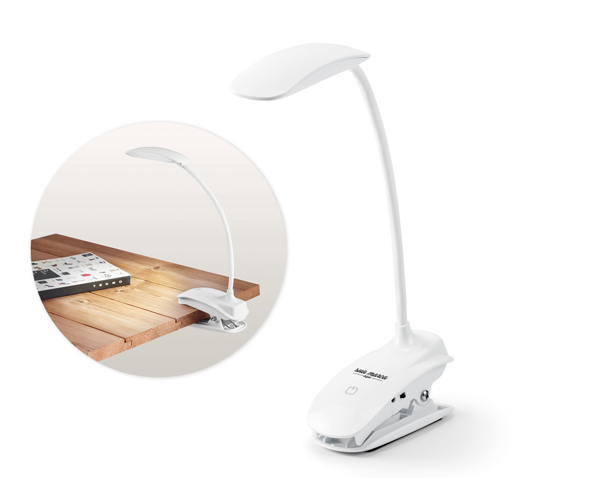 Luminária de mesa portátil em ABS e com LED COB. A luminária tem mola, braço flexível e botão tátil com 3 modos de luz fraco, médio e forte  autonomia até 20 horas. Incluso cabo USB de 1 metro para carregamento.