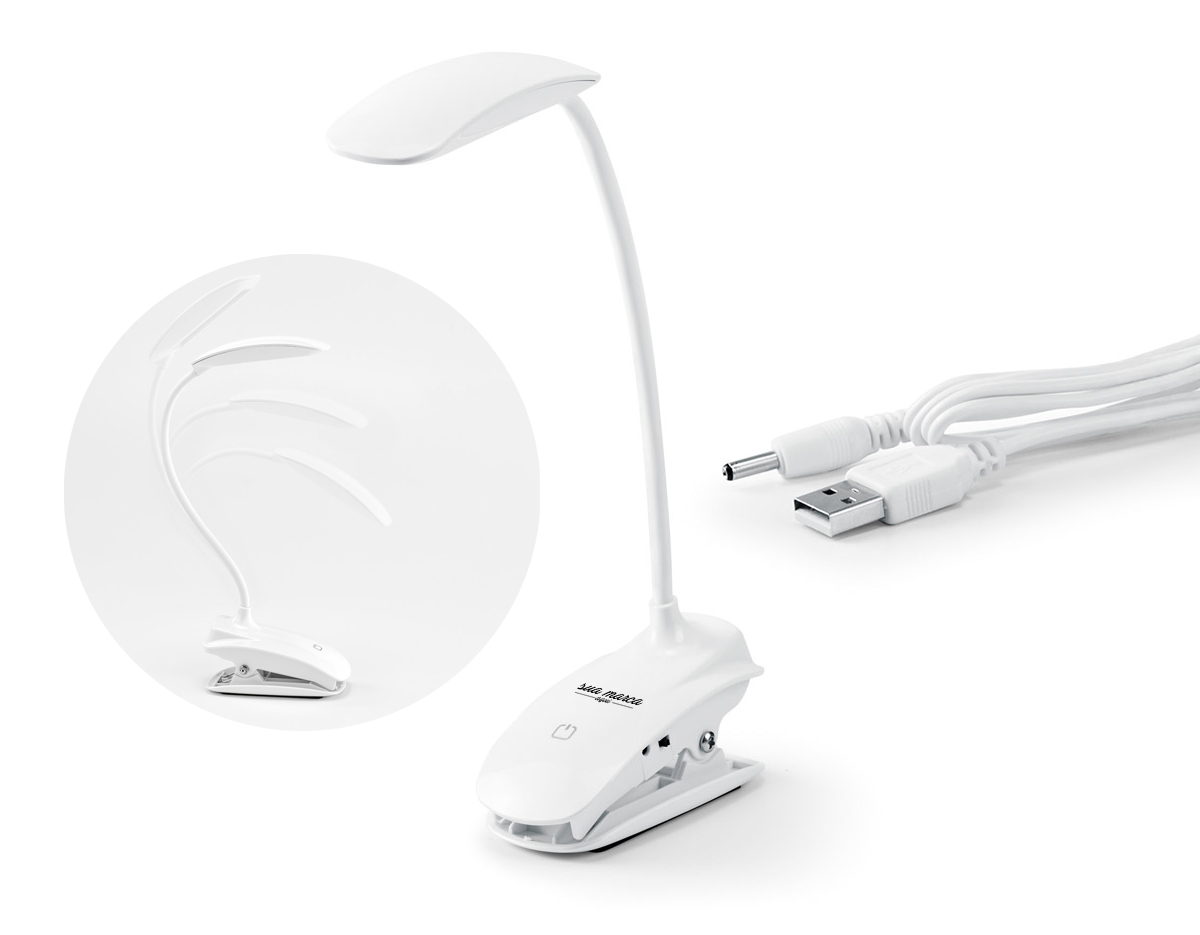 Luminária de mesa portátil em ABS e com LED COB. A luminária tem mola, braço flexível e botão tátil com 3 modos de luz fraco, médio e forte  autonomia até 20 horas. Incluso cabo USB de 1 metro para carregamento.
