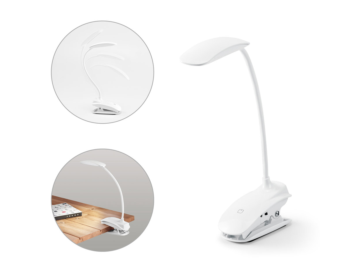 Luminária de mesa portátil em ABS e com LED COB. A luminária tem mola, braço flexível e botão tátil com 3 modos de luz fraco, médio e forte  autonomia até 20 horas. Incluso cabo USB de 1 metro para carregamento.