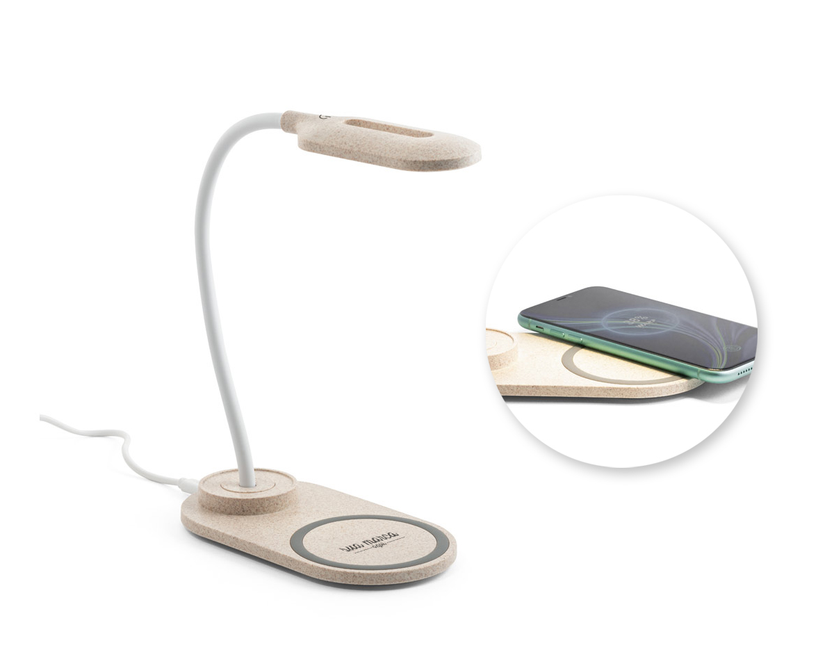 Luminária de mesa em ABS e fibra de palha de trigo com carregador wireless. A haste é flexível para ajustar a direção da luz e contém 20 LEDs que permitem uma iluminação até 3 níveis de intensidade